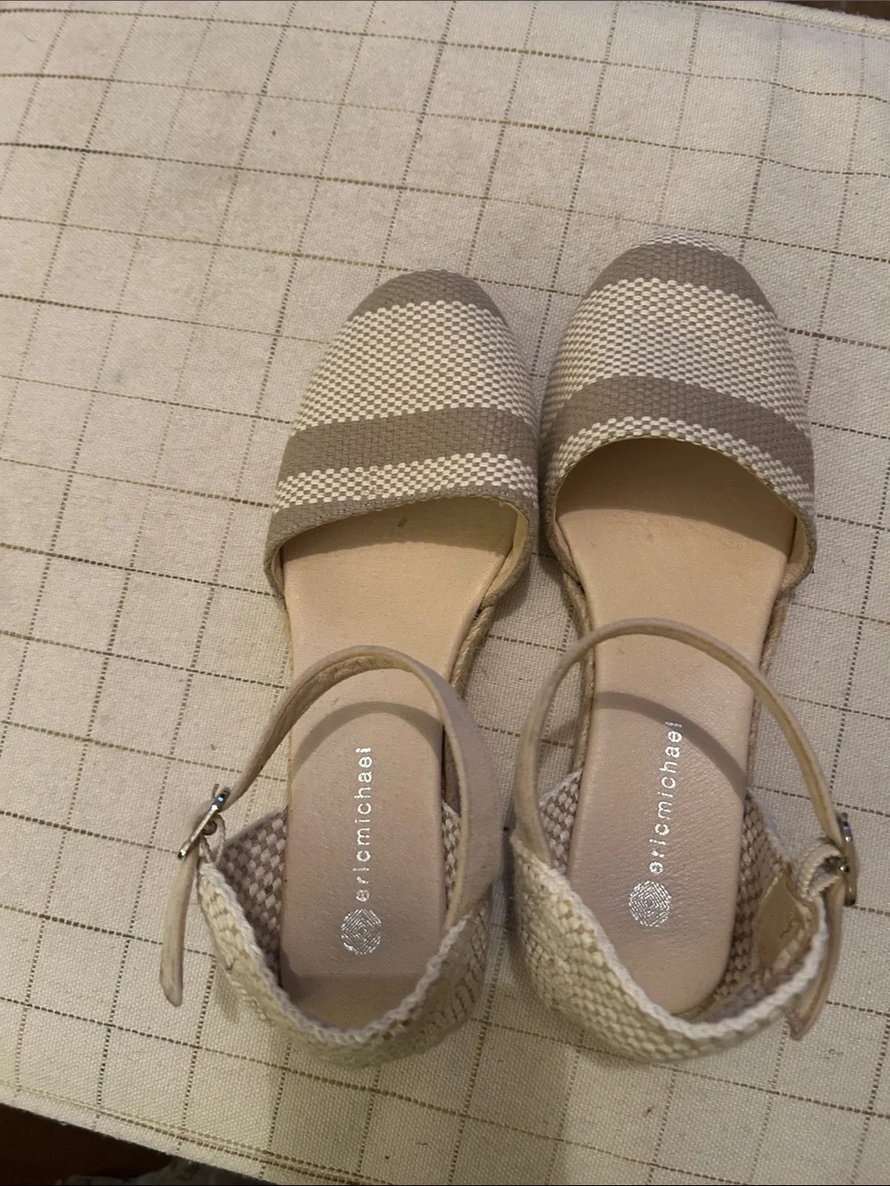 Eric Michael Striped Ankle-Strap Espadrilles in Taupe and Cream
